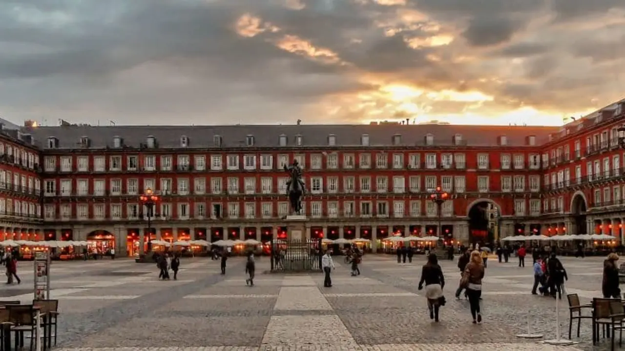 View of famous Plaza Mayor in downtown Madrid, Spain,  at dusk.