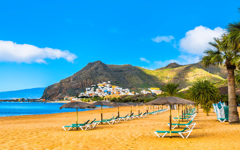 Line of umbrellas on Las Teresitas beach