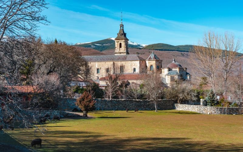A green village with trees, and a monastery and mountains in the background 