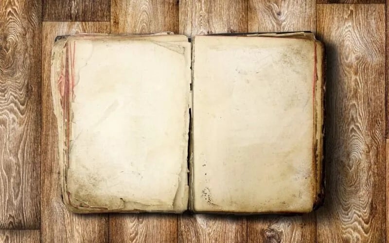 An open old book with blank pages