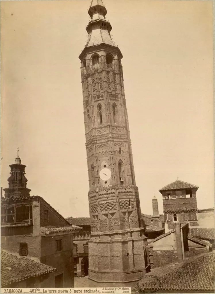 An old picture of a great leaning tower