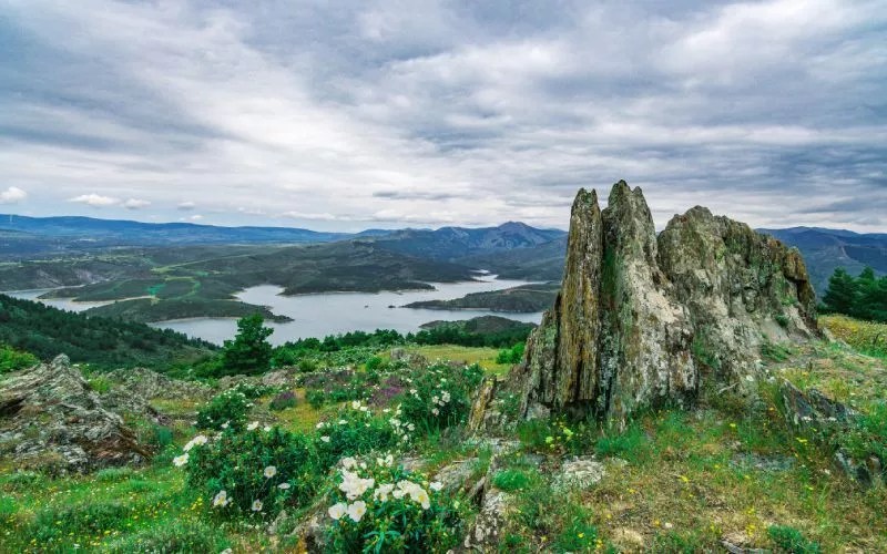 A green landscape, with some rocks on the front and a lake in the distance