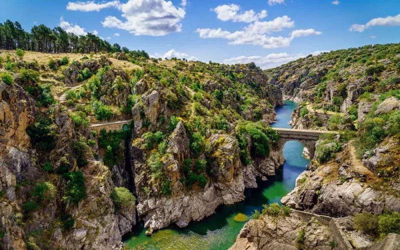 A river in the middle of two rocky cliffs, and a forest on the left side of the picture 