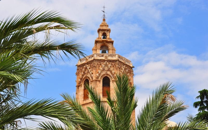 A tower and some palm trees on front