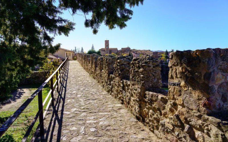 The walk inside some walls with a tree on the left