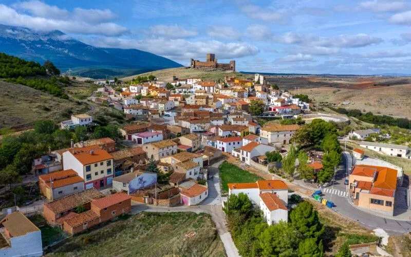 A panoramic view of a colourful village