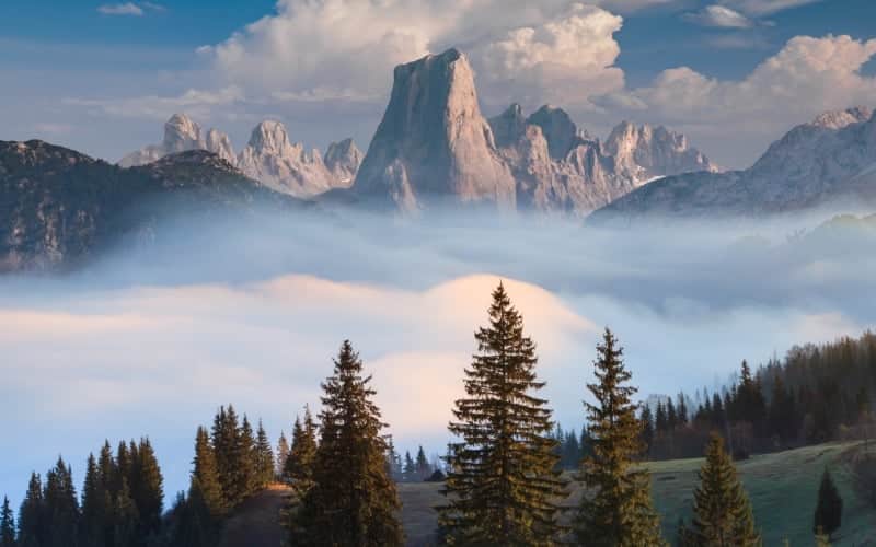 Spectacular mountains surrounded by fog and some trees in the front