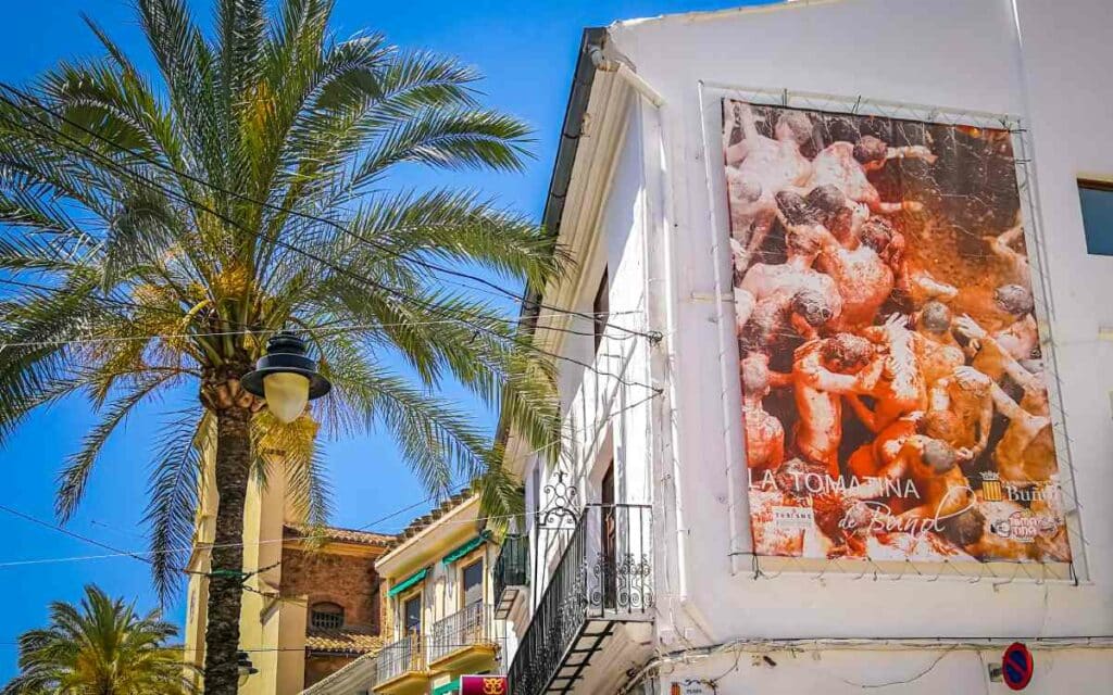 La Tomatina poster at Plaza del Pueblo.