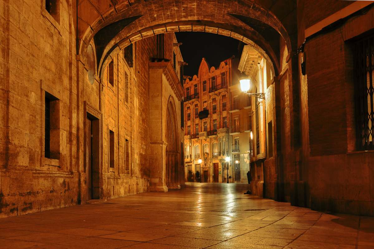 Valencia's medieval streets at night.